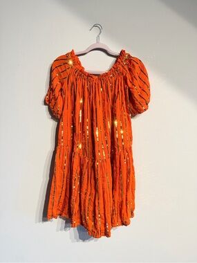 Sundress Brand Orange Sequin Stripe Puff Sleeve Dress